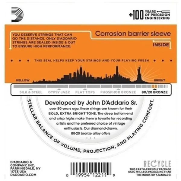 Encordado Daddario Ej10 80/20 Bronze Para Acústica .010