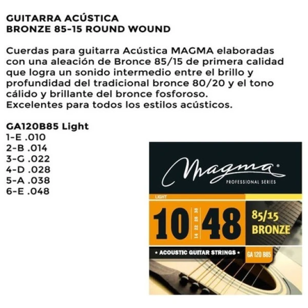 Encordado Guitarra Acústica Magma 010 Cuerdas Ga120b85 Bronze 85/15