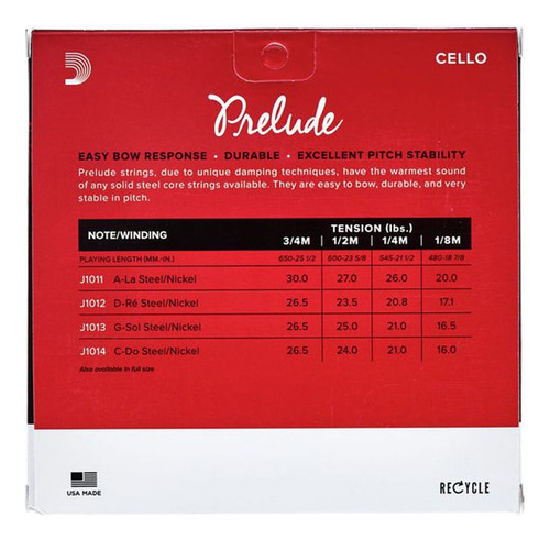 Encordado Cello De 1/2 Prelude Daddario J1010 1/2m