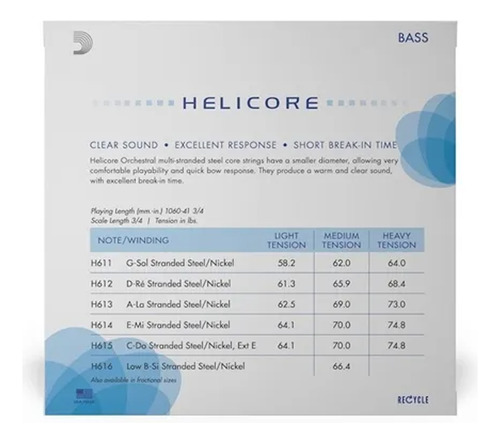 Encordado Contrabajo Helicore Orchestral Daddario H610 3/4m